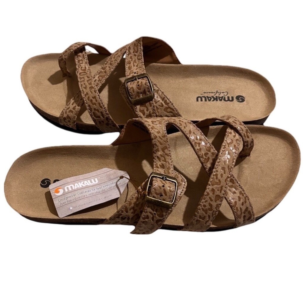 Makalu Odessa Sandals Women‎ 8.5 Tan Leopard Print New Strappy Buckle Toe Loop